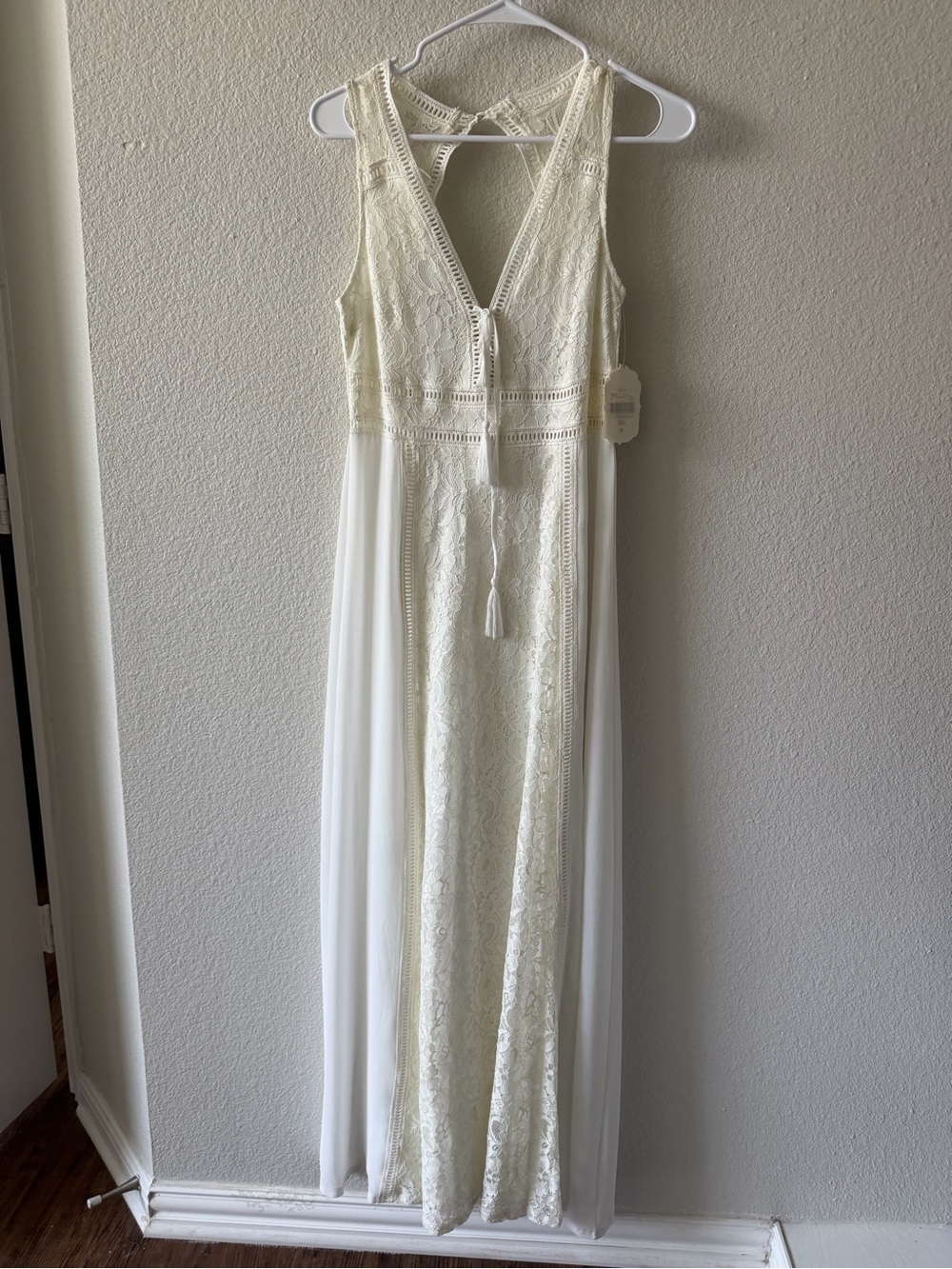Altar'd State Ivory Crochet Maxi Dress with Tassel Tie